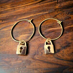 Gold Round Hoop Earrings with Dangling Gold PADLOCKS